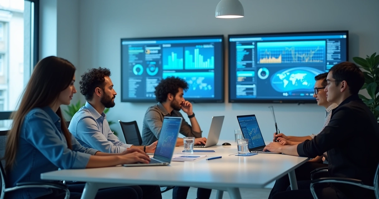 Equipe comercial usando inteligência artificial em telas digitais 