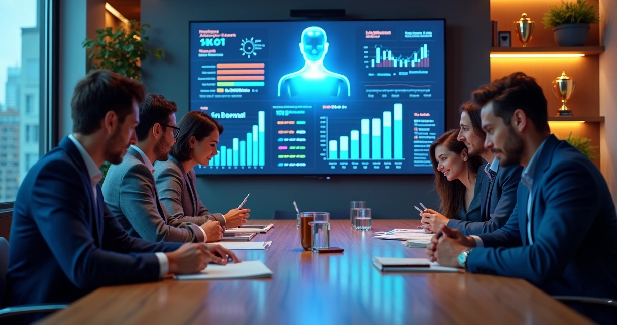 Equipe de vendas ao redor de uma mesa analisando gráficos com IA. 