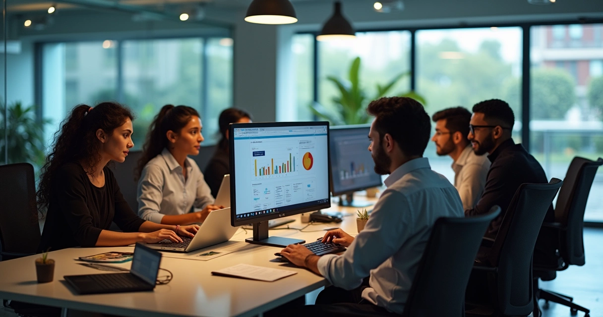 Equipe de vendas interna reunida em escritório moderno