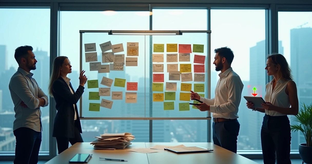 Equipe de vendas analisando quadro com lista de clientes borrada 
