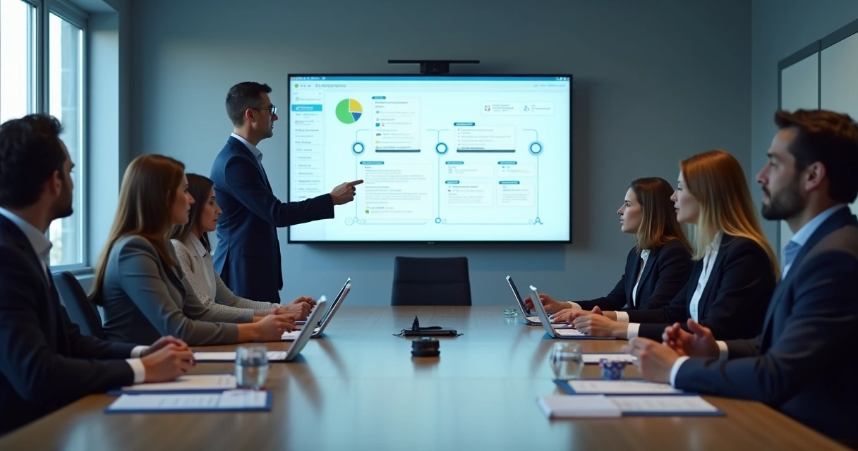 Equipe comercial reunida em mesa de reunião trabalhando com consultor de CRM