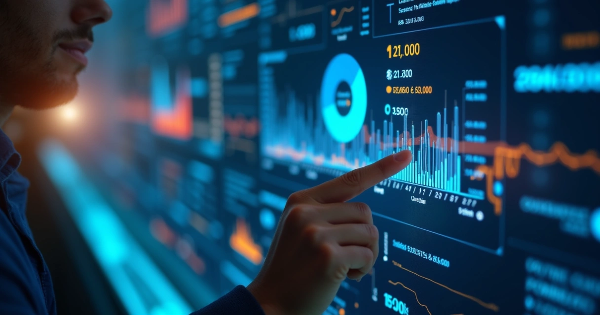 Equipe de vendas analisando indicadores em tela digital de pipeline de vendas com gráficos e números detalhados 