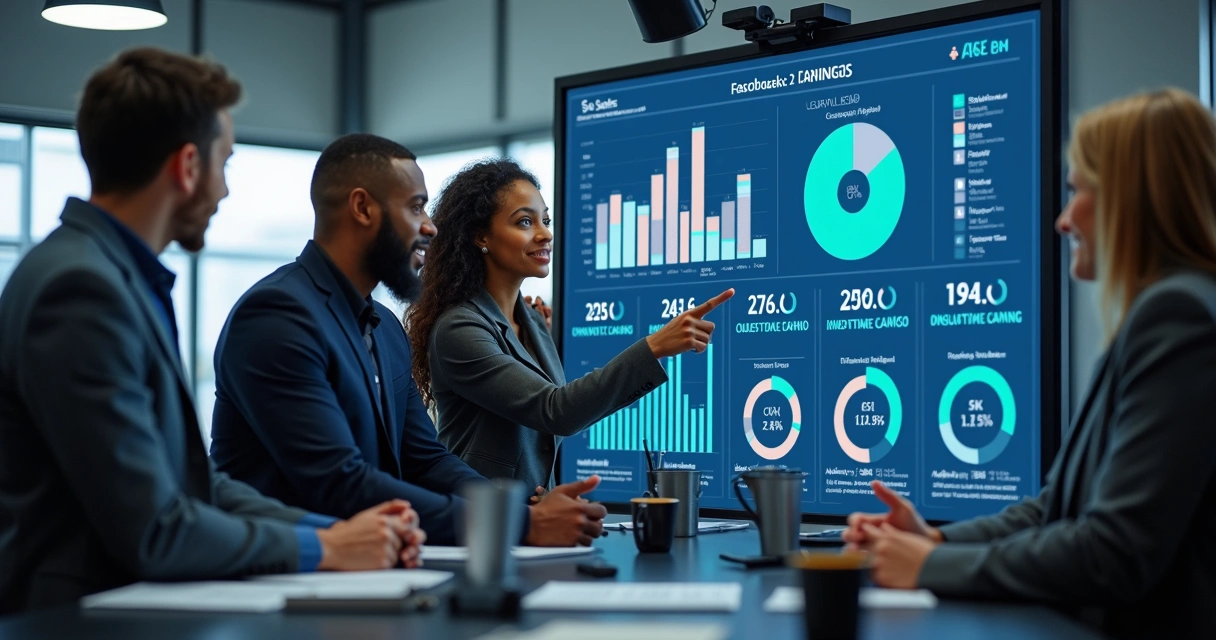 Equipe de vendas discutindo métricas em tela na oficina 