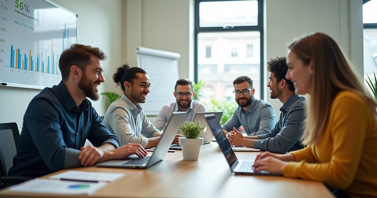 Pequena equipe de vendas sorrindo em ambiente organizado 
