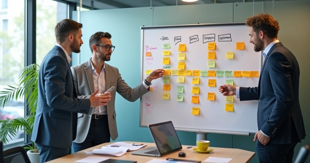 Equipe pequena reunida organizando pipeline visual em mural 