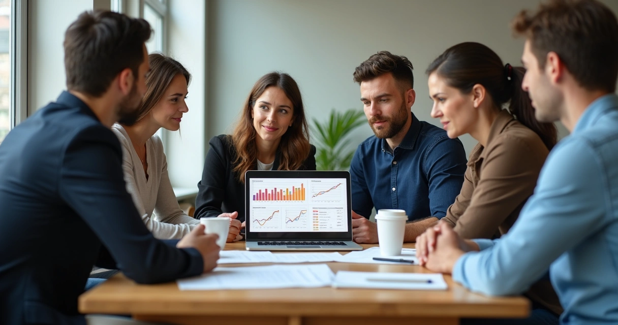 Equipe pequena de vendas reunida olhando gráficos de vendas 