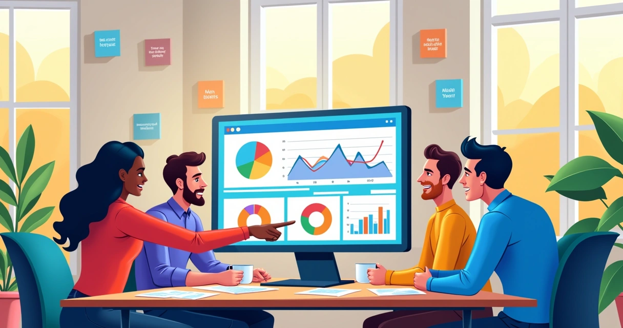 Ilustração de uma equipe de vendas em um escritório, animada em frente à tela do PipedriveCRM.