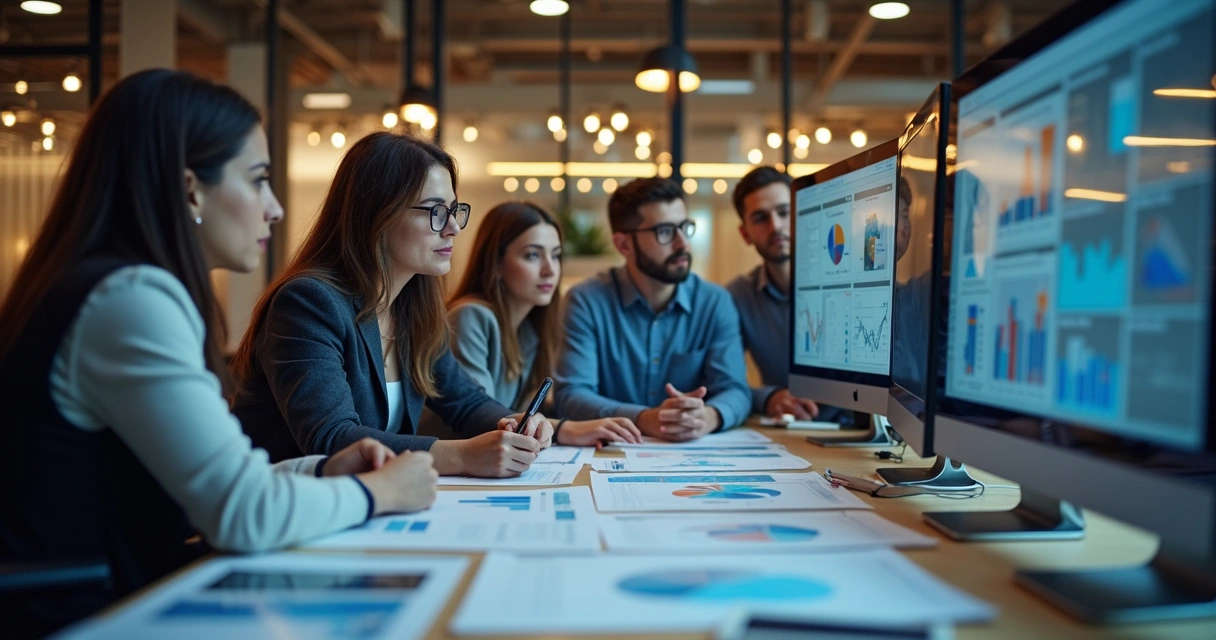 Equipe de vendas analisando dados em telas de computador 