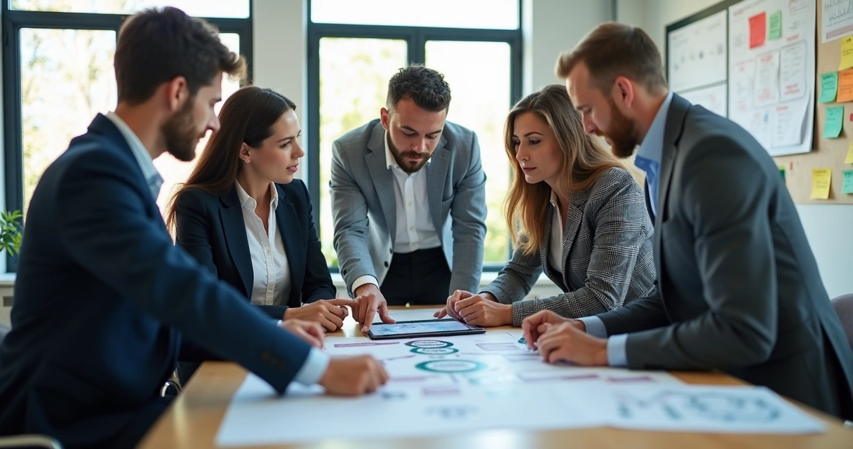 Equipe de vendas reunida em torno de uma mesa analisando fluxograma digital de vendas 