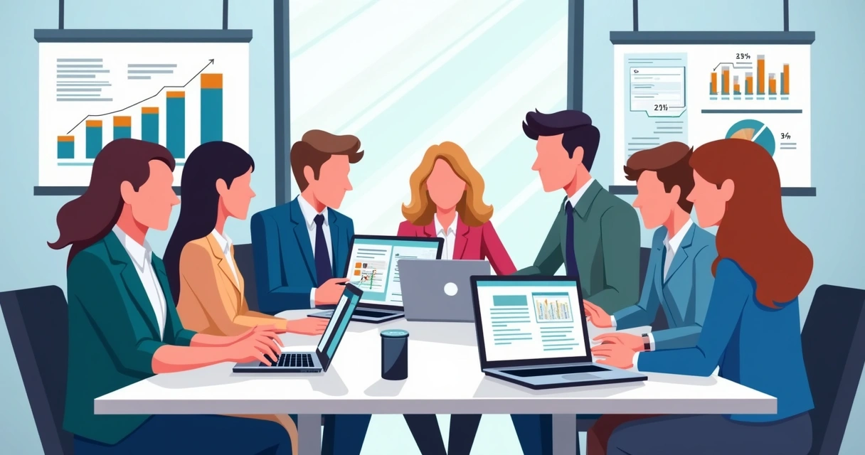 Equipe de vendas reunida ao redor de mesa com laptops, analisando dados e gráficos de prospecção em ambiente de escritório moderno 
