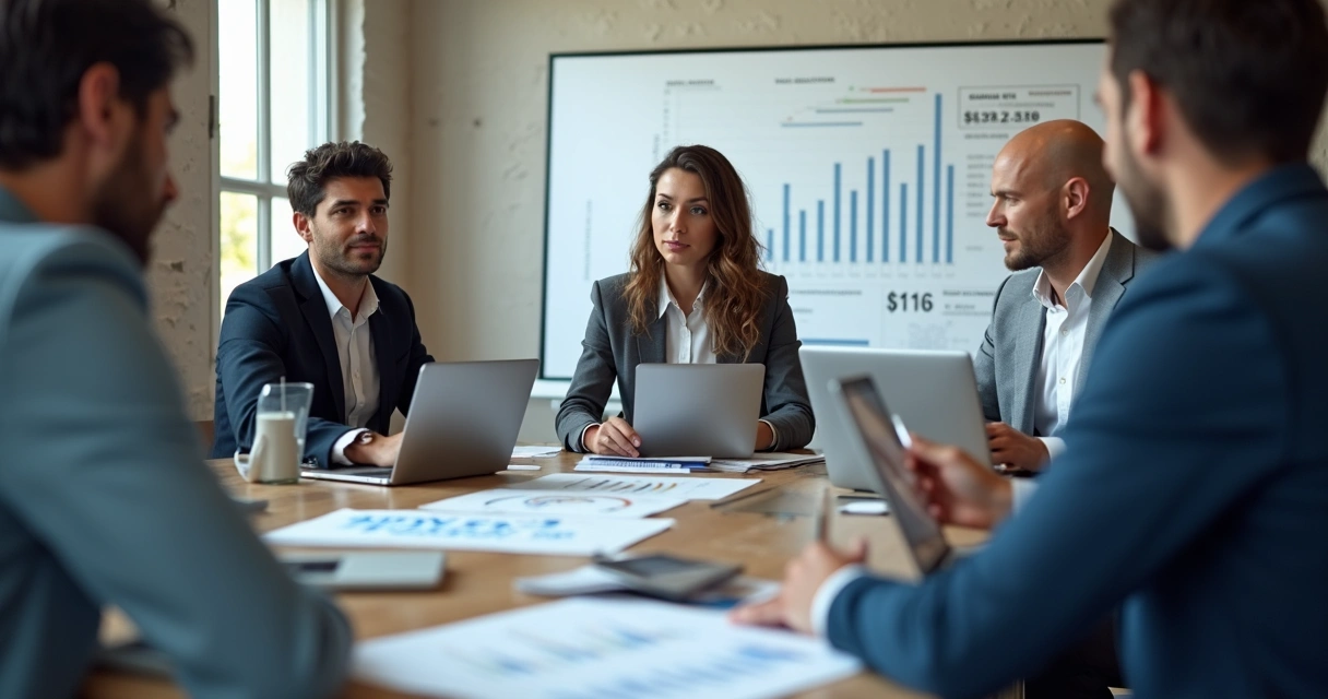 Equipe comercial reunida com discussão de melhoria de ticket médio 