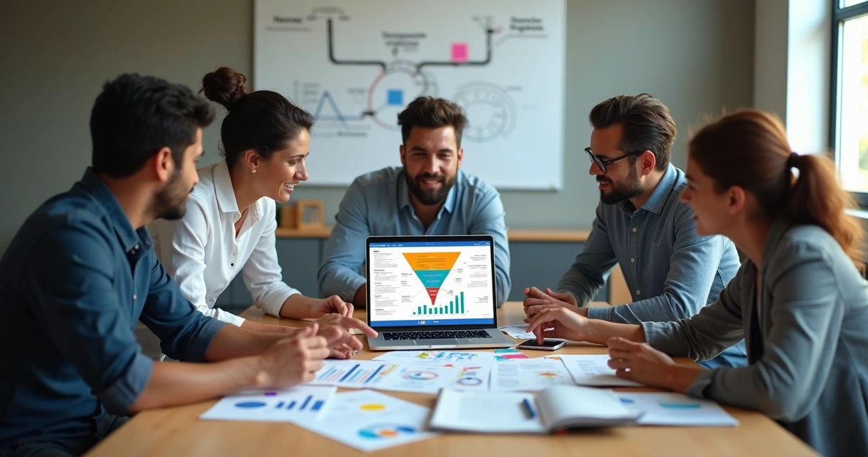 Equipe de vendas de pequena empresa brasileira analisando funil e metas em reunião 