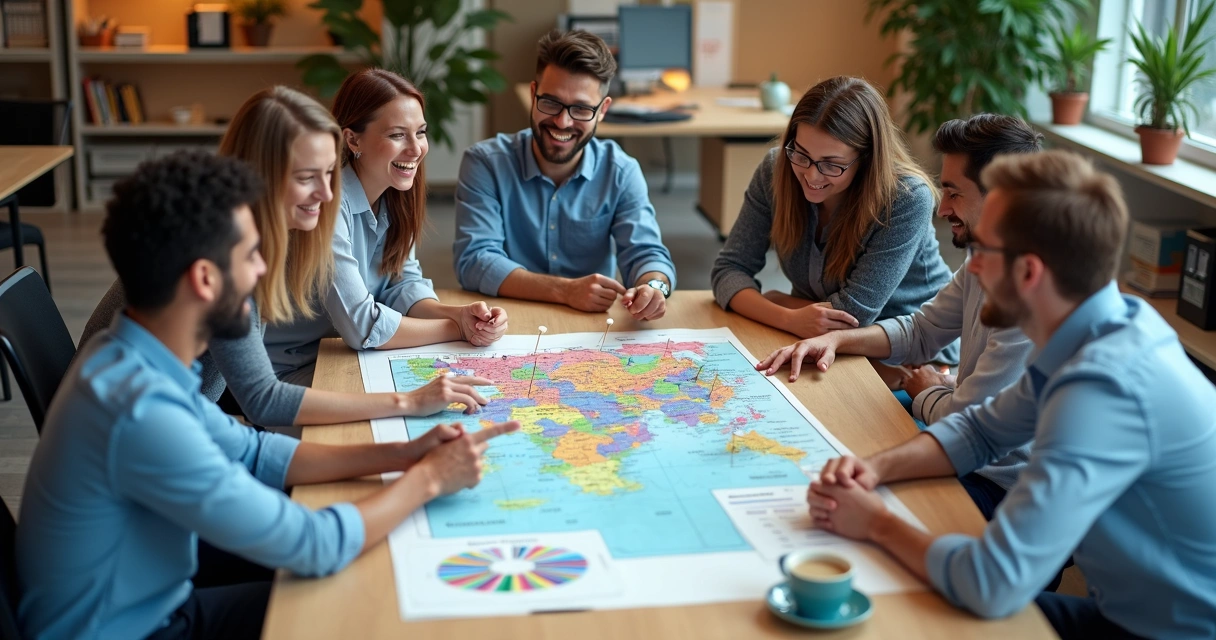 Equipe de vendas reunida sobre mapa colorido dividido por regiões 