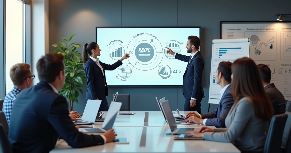 Equipe de profissionais reunida apresentando proposta de vendas para BPO financeiro em ambiente moderno de escritório 