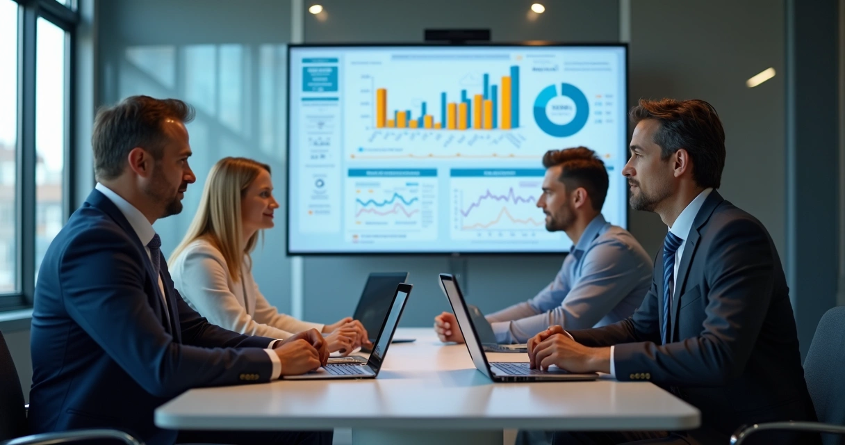 Equipe de vendas em reunião estratégica planejando prospecção de clientes B2B com telas digitais ao fundo mostrando dados e gráficos 