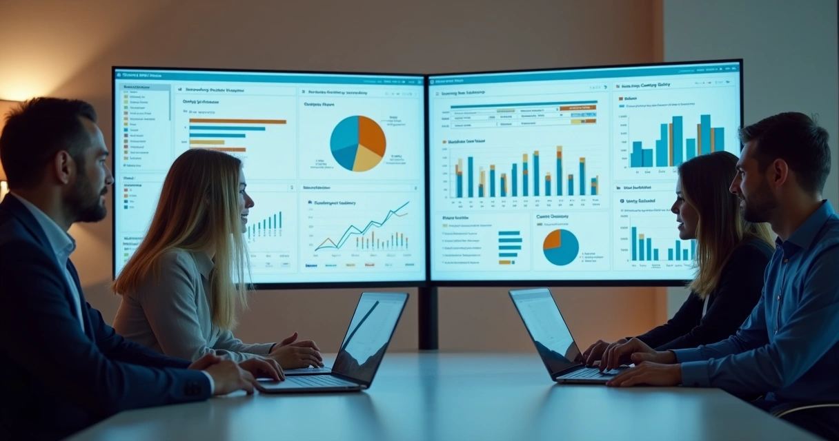 Equipe de vendas analisando dados em computadores