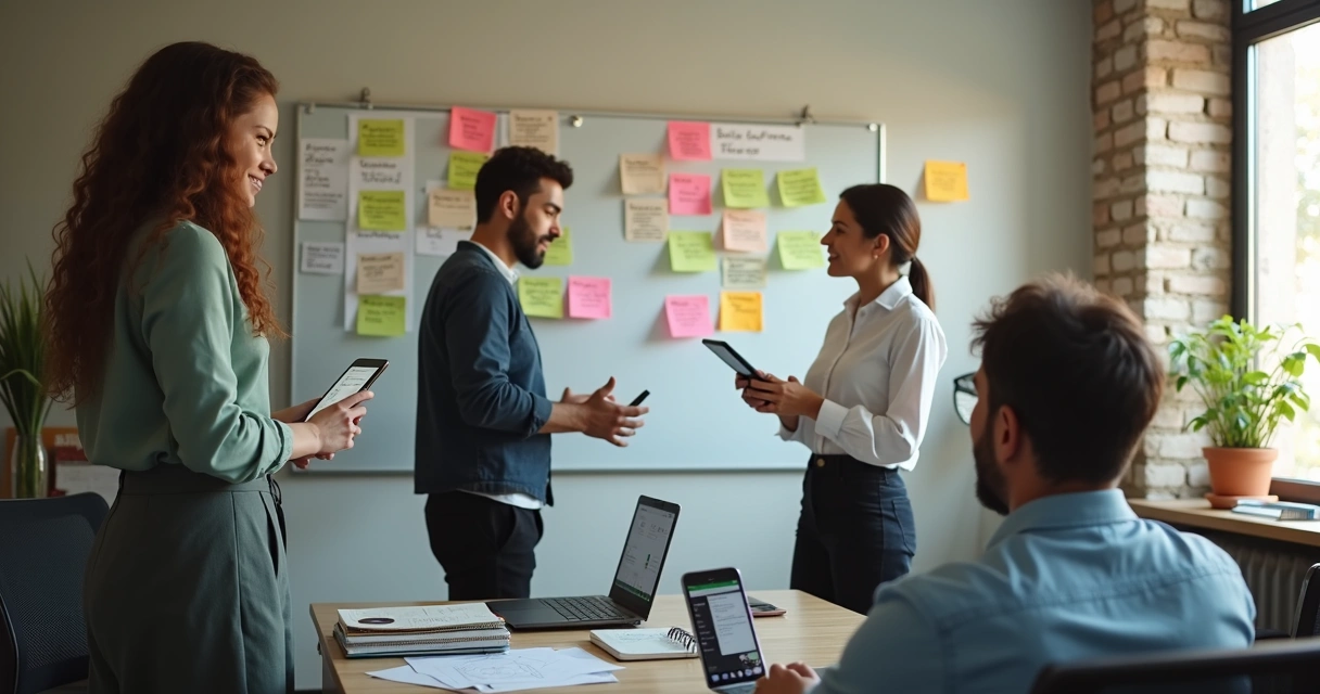 Equipe de vendas olhando quadro com etapas de negócios