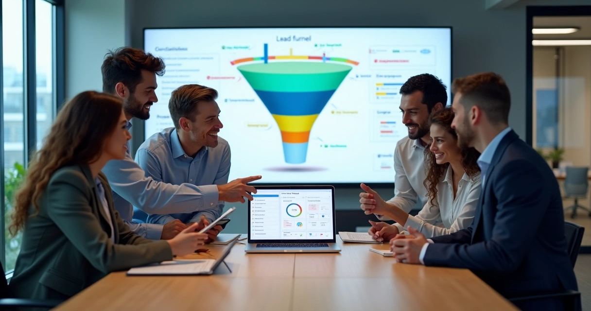 Equipe de vendas analisando funil com leads qualificados em painel digital 