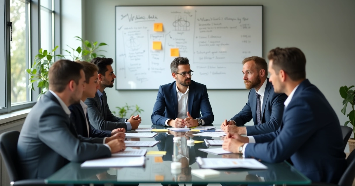 Equipe de vendas reunida discutindo anotações em uma sala de reuniões 