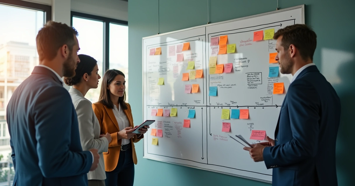 Equipe de vendas reunida discutindo quadro de pipeline na parede 