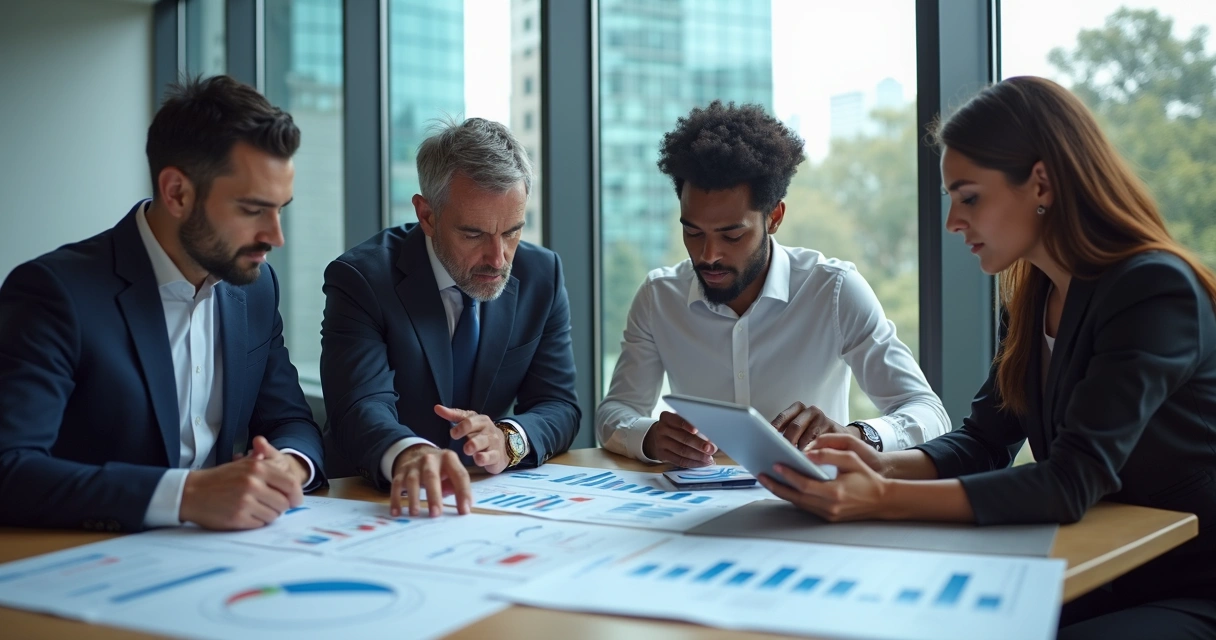 Equipe de vendas em reunião analisando gráficos de desempenho.