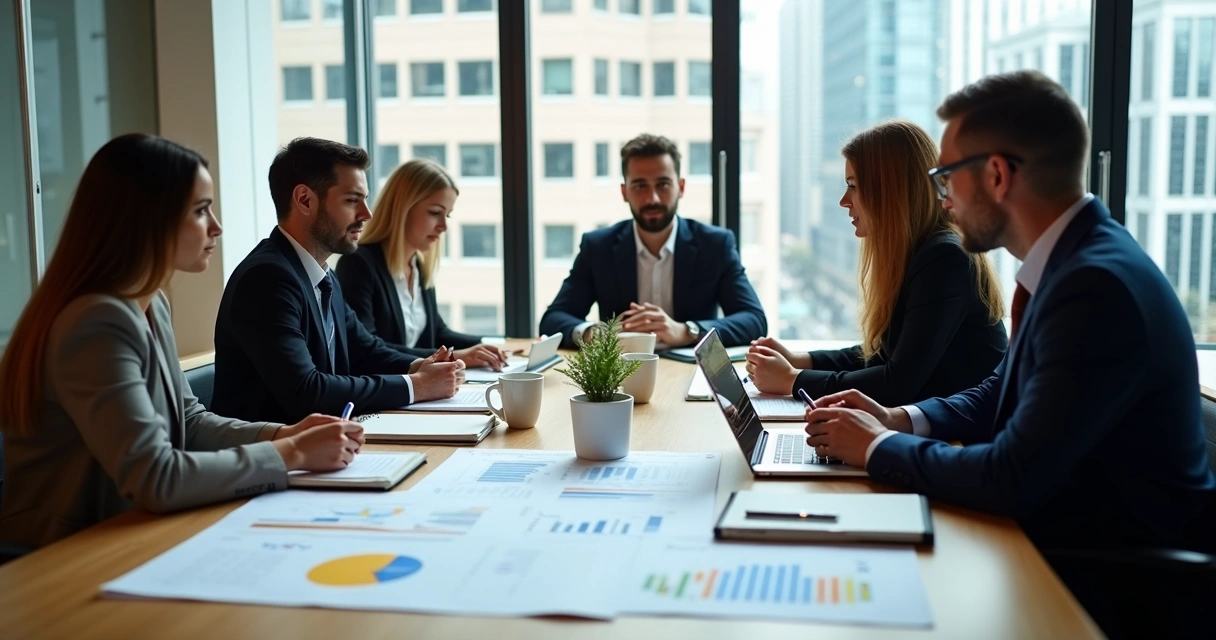 Equipe de vendas discutindo em torno de uma mesa com notebooks e tablets 