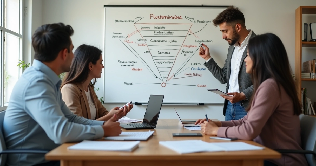 Equipe pequena de vendas em reunião com funil desenhado em quadro