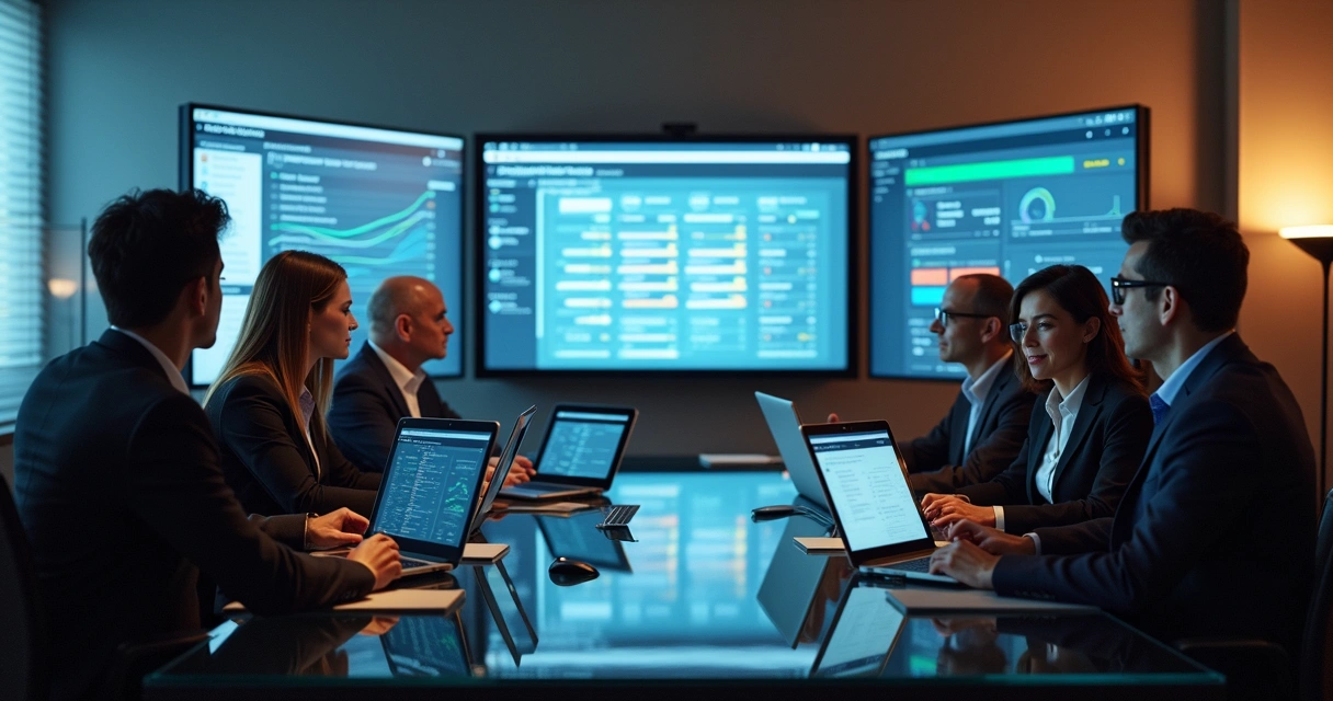 Equipe de vendas em reunião discutindo automação com telas digitais 