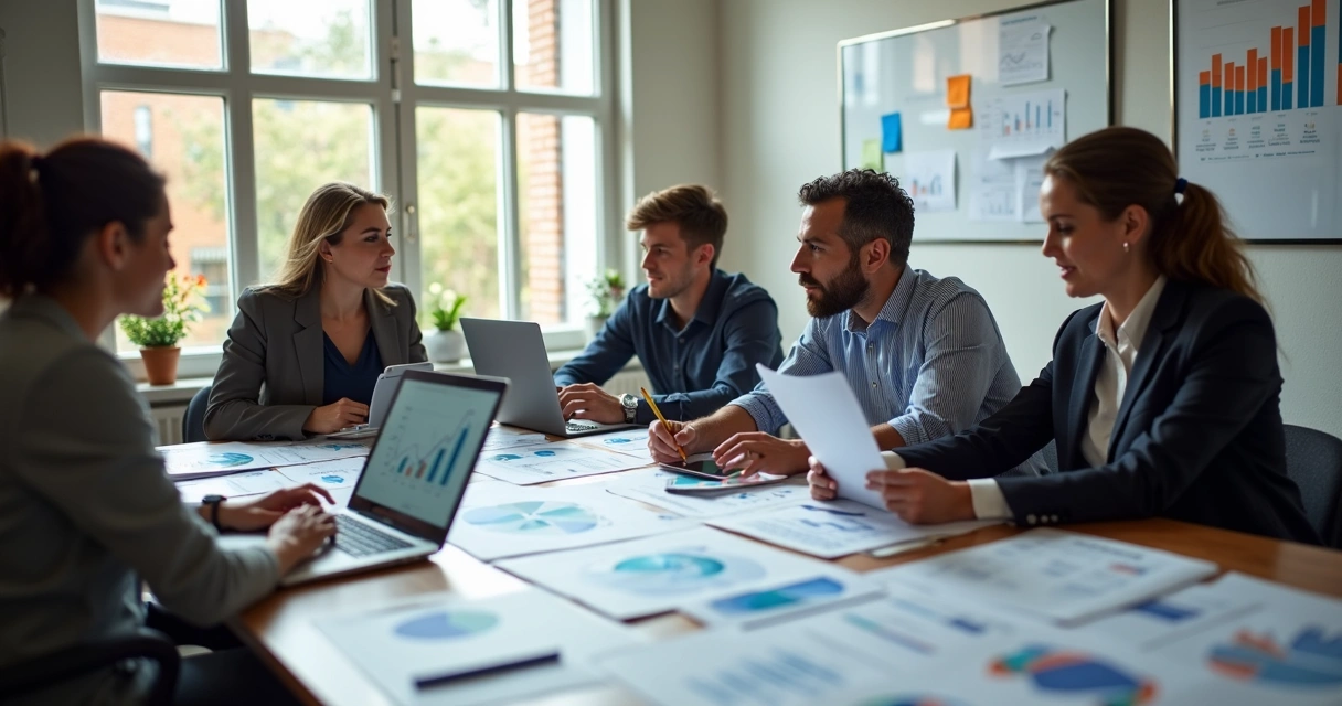 Equipe de vendas em reunião discutindo gráficos de BI 
