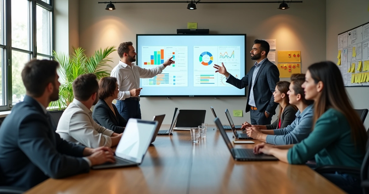 Lead Scoring: Como Classificar e Priorizar Leads B2B 2 Equipe de vendas analisando gráficos de leads em mesa de reunião