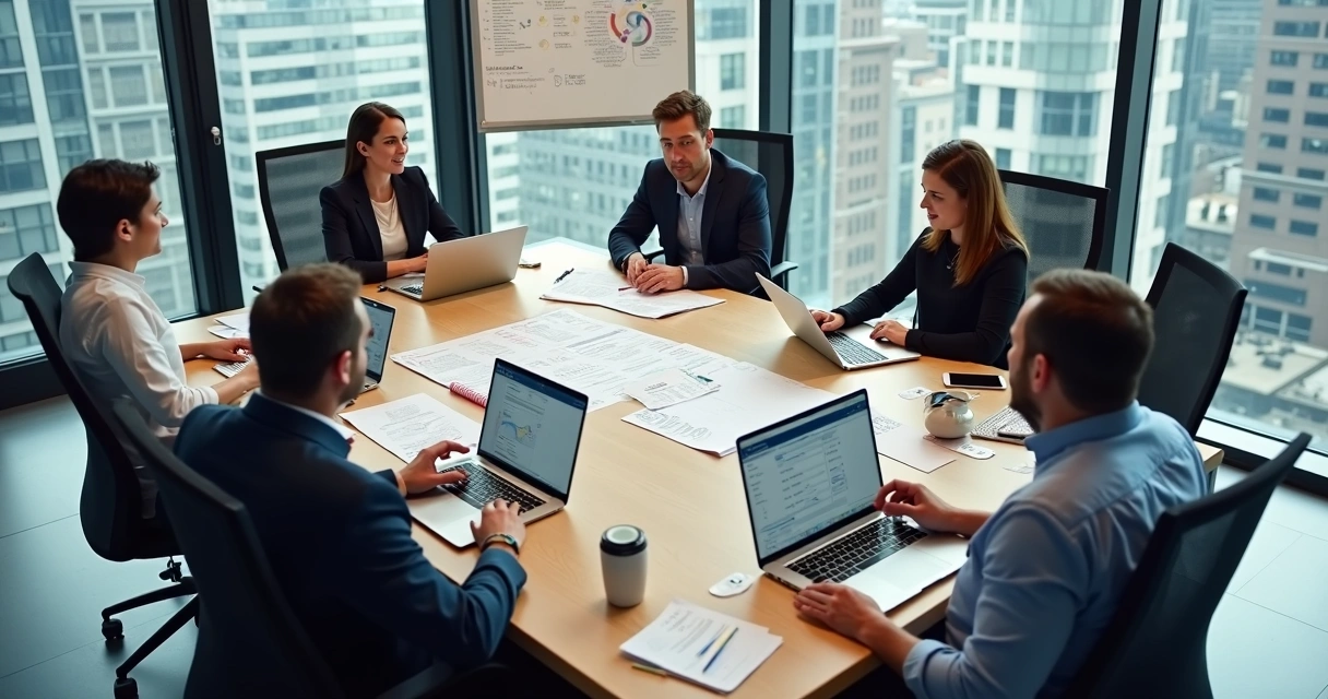 Equipe de vendas analisando dados em reunião 