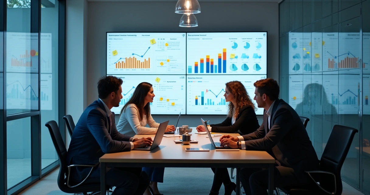 Equipe de vendas reunida analisando dados em telas