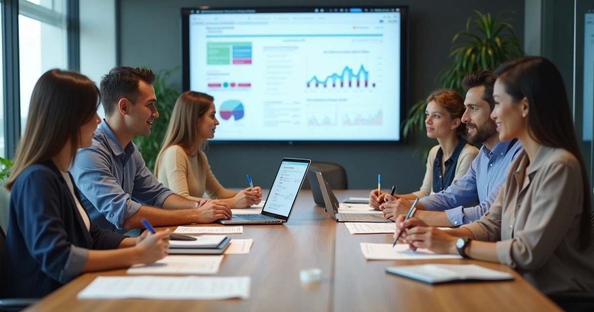Equipe de vendas em reunião avaliando feedbacks dos clientes 