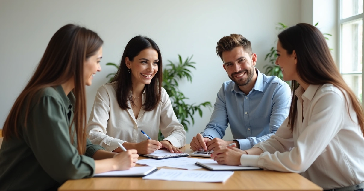 Equipe pequena de vendas reunida em torno de uma mesa com anotações e notebook 