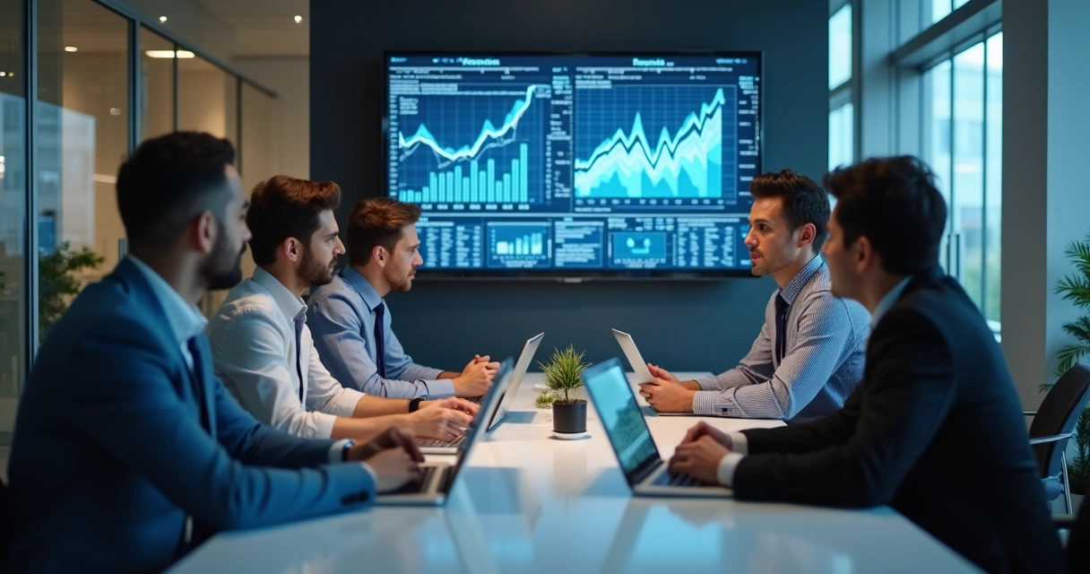 Equipe de vendas reunida em mesa de reunião, analisando gráficos digitais em notebooks e telas grandes ao fundo. 