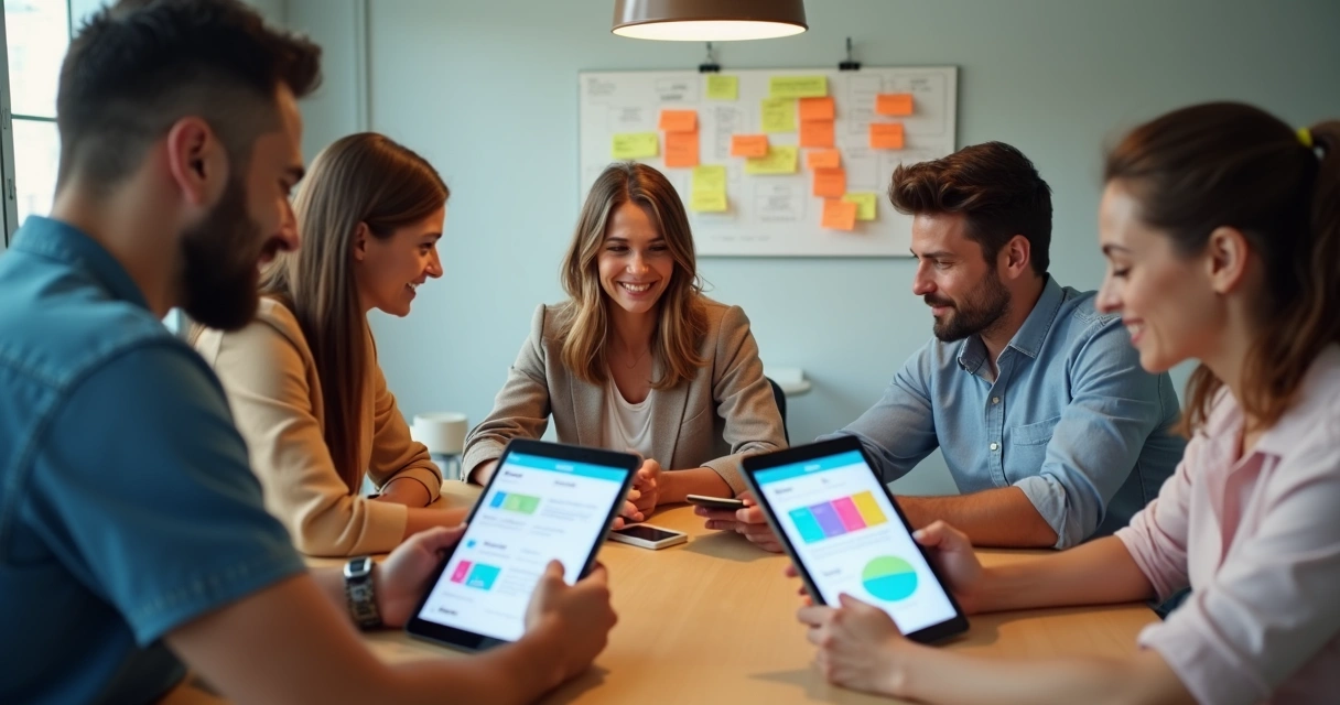 Equipe reunida usando CRM em tablets e celulares 