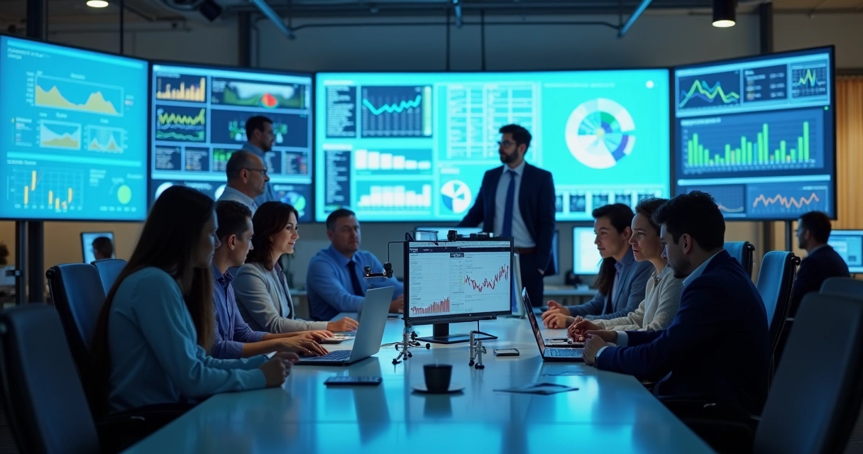 Equipe de vendas reunida analisando dados em telas digitais 
