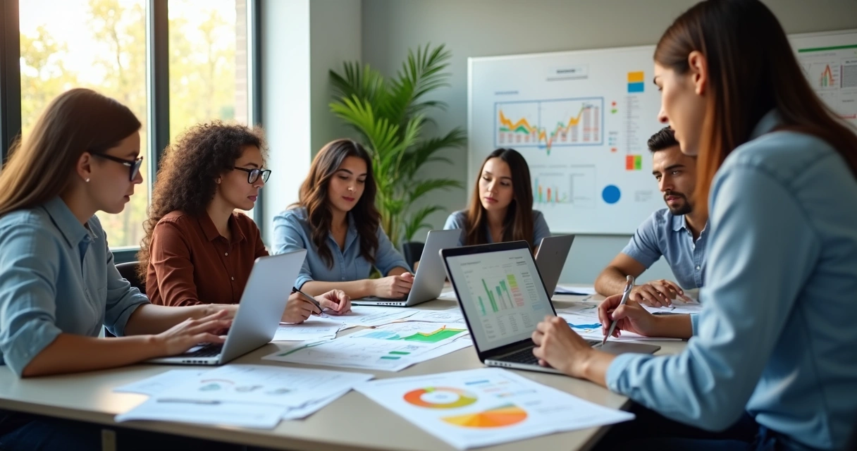 Equipe de vendas reunida em mesa estratégica com gráficos e laptop para planejamento de retenção de clientes 