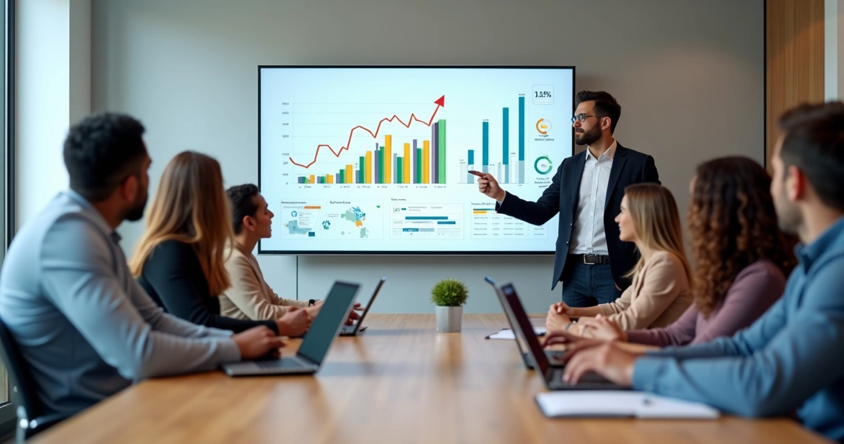 Equipe de vendas em reunião analisando gráficos de desempenho em tela grande 