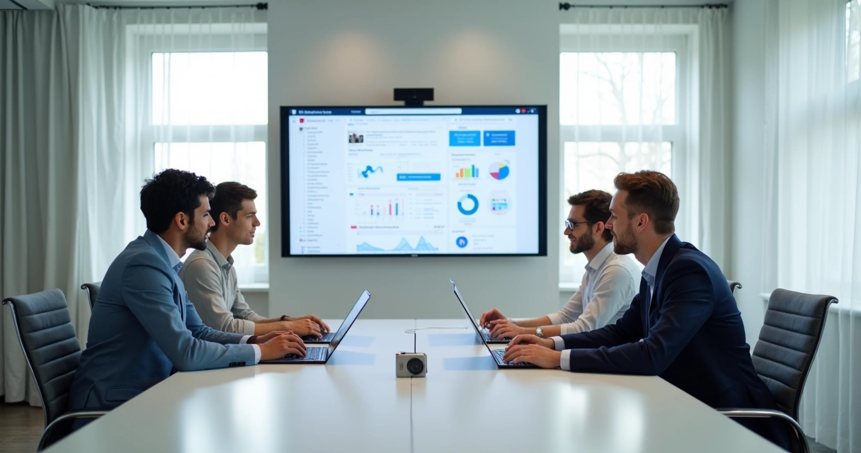 Equipe de vendas B2B reunida em uma mesa de reunião moderna, com laptops 