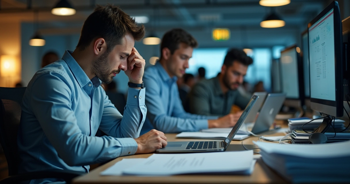 Equipe de vendas e operações sobrecarregada trabalhando à noite 
