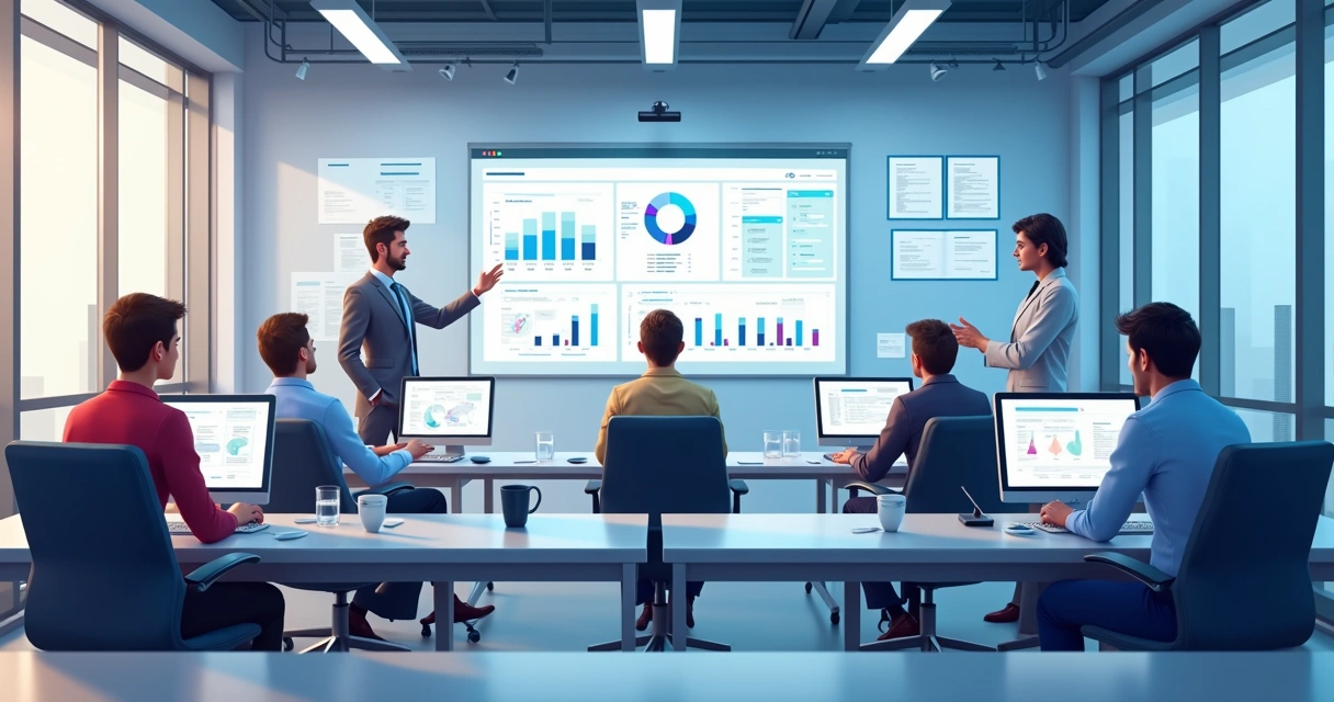 Equipe de vendas e tecnologia colaborando em sala moderna 