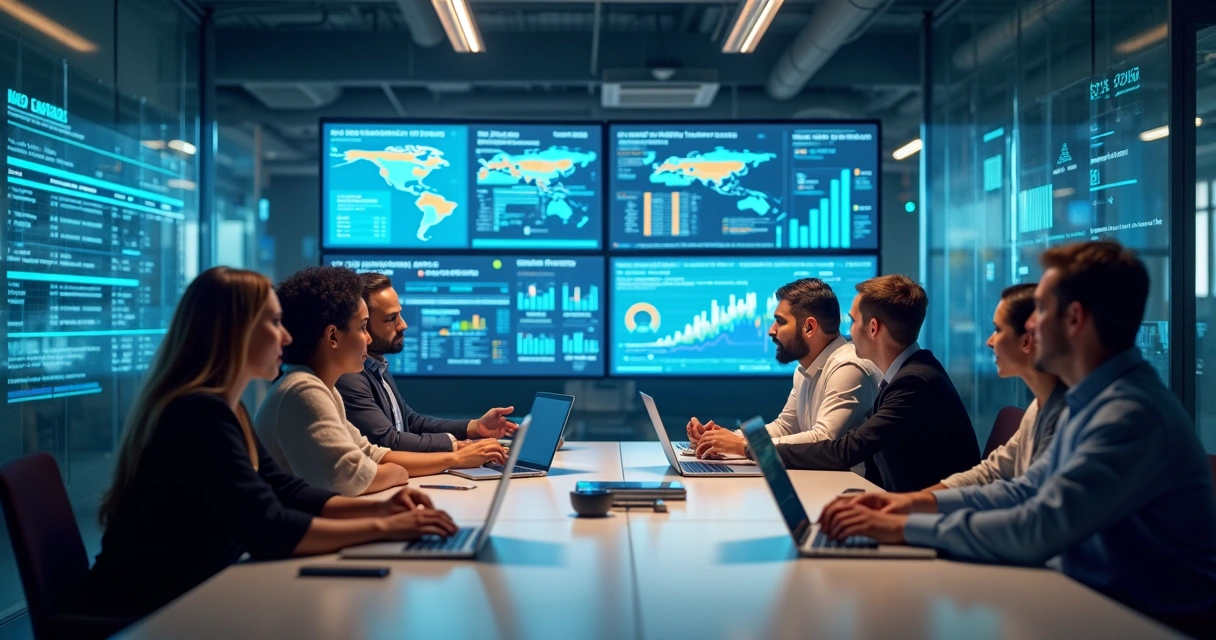 Equipe de vendas B2B reunida em escritório moderno com telas mostrando gráficos de dados e tecnologias de automação 