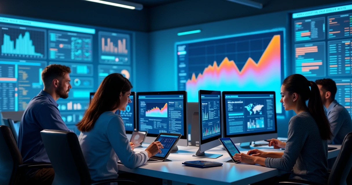 Equipe comercial utilizando computadores e tecnologias com gráficos de vendas ao fundo 