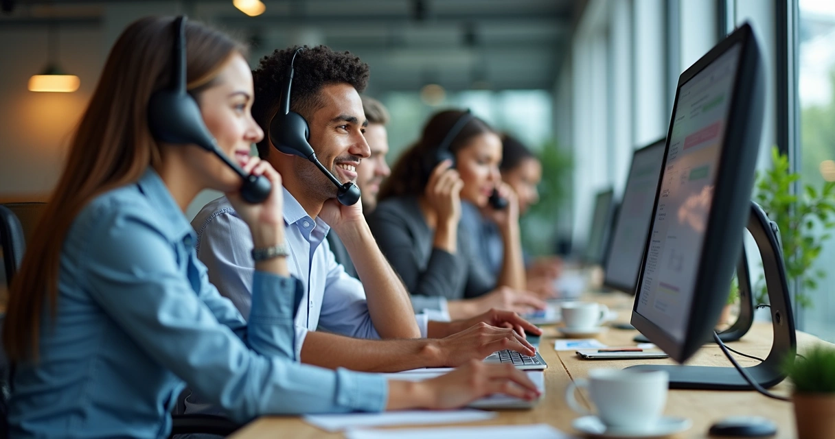 Equipe comercial realizando ligações em escritório moderno 