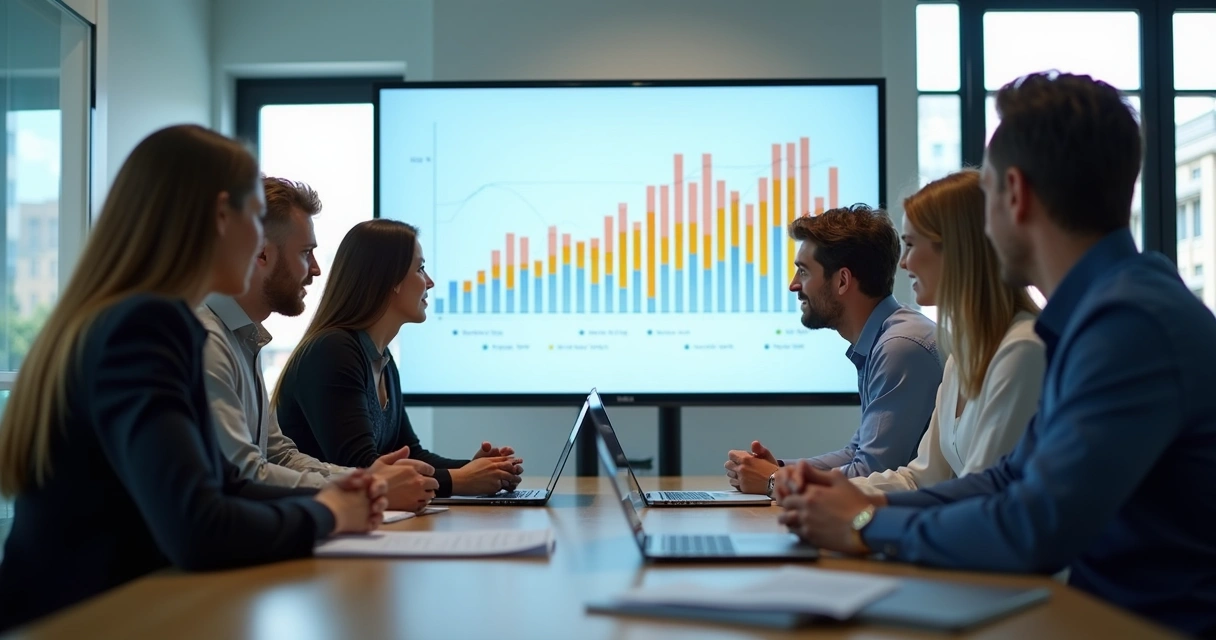 Equipe de vendas reunida em ambiente de trabalho visualizando gráfico de desempenho 
