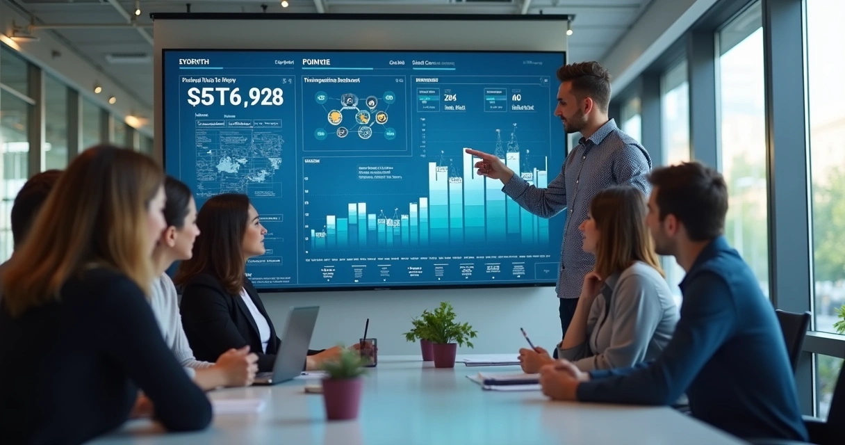 Equipe de vendas reunida ao redor de tela exibindo KPIs, todos atentos e participando de conversa aberta sobre resultados. 