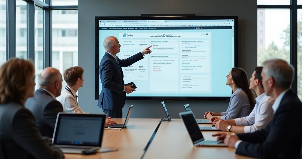 Equipe de vendas em treinamento digital, aprendendo a usar plataforma online de propostas 