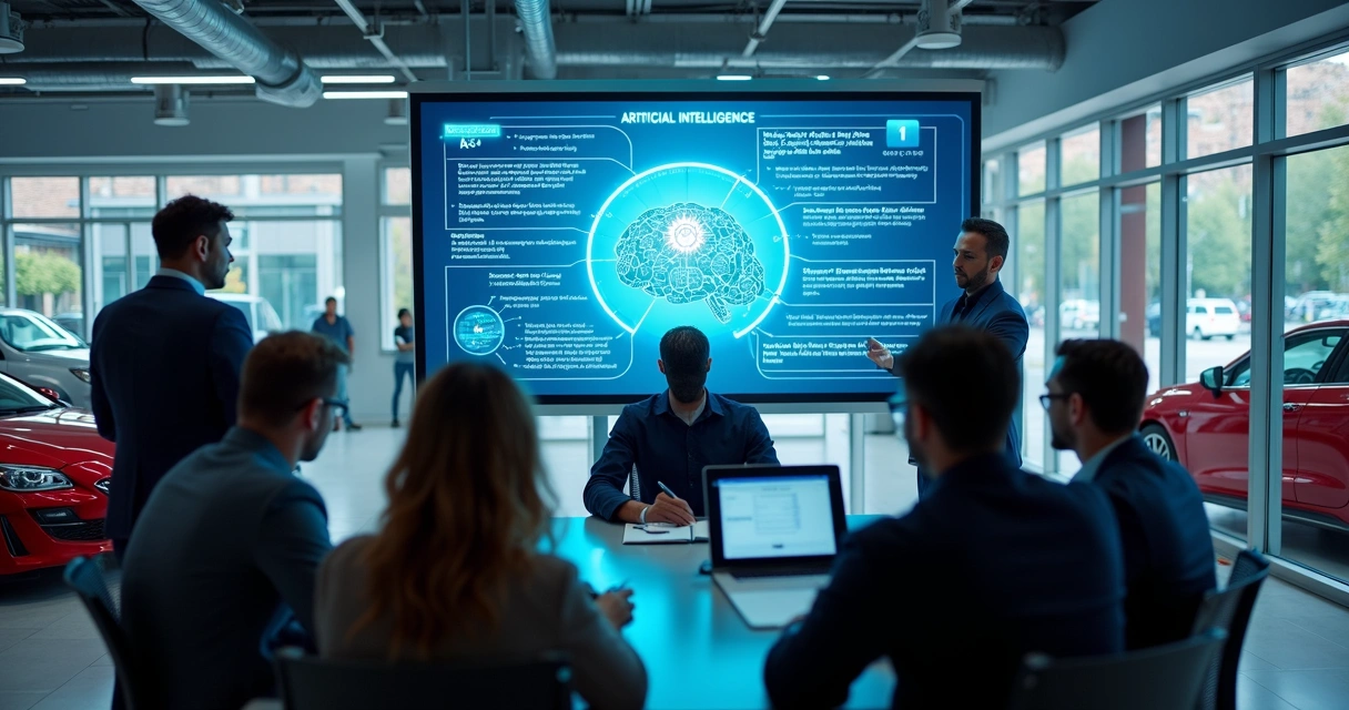 Equipe de vendas de concessionária em treinamento sobre IA 