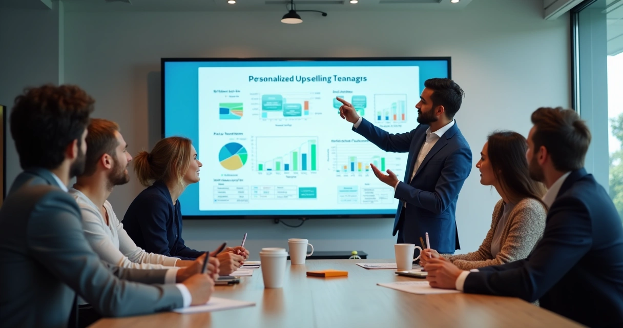 Equipe de vendas em treinamento com foco em upselling 